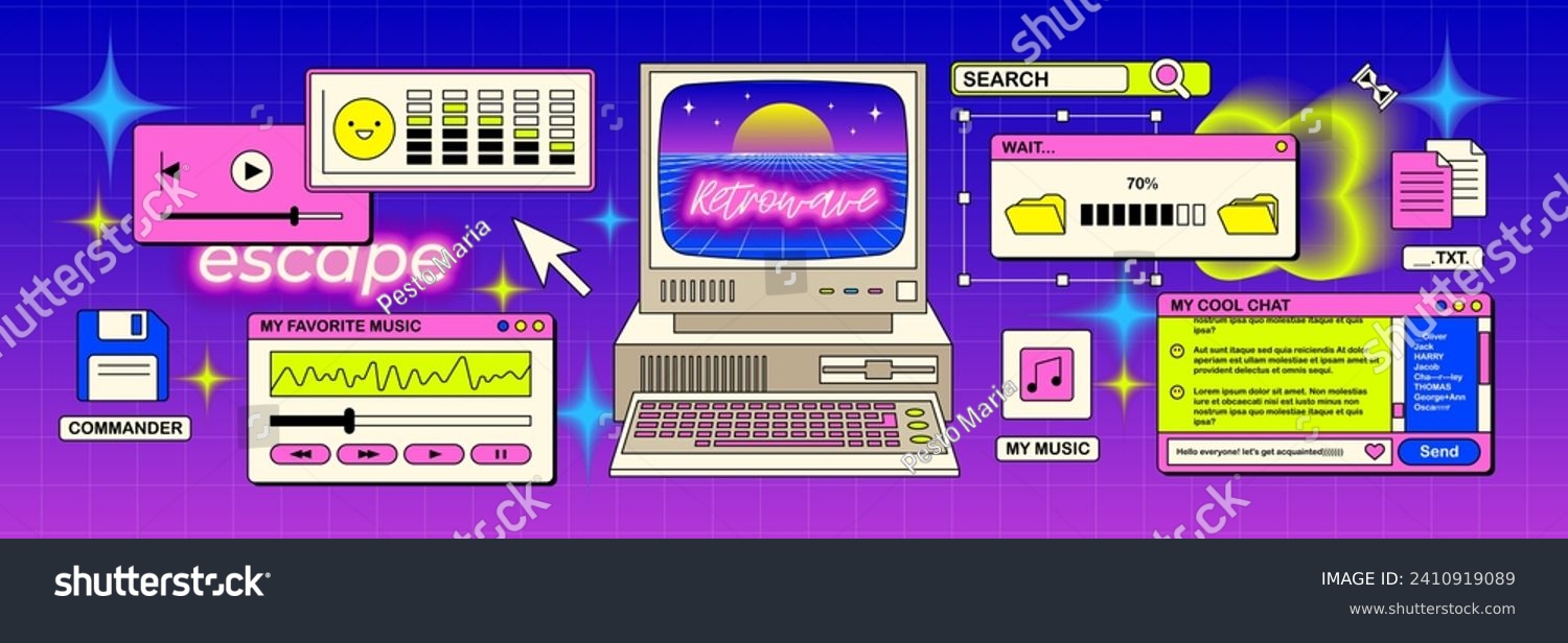 The screen of an old retro PC in the y2k style. Retro wave and vaporwave background. Bright vintage computer interface
