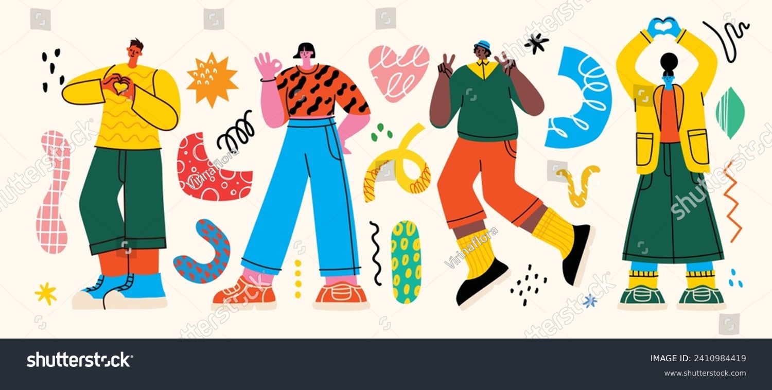 Happy positive people. Man and woman team gesturing with hands  fingers. Love  support  solidarity  ok expressions. Flat graphic vector illustration isolated on white background