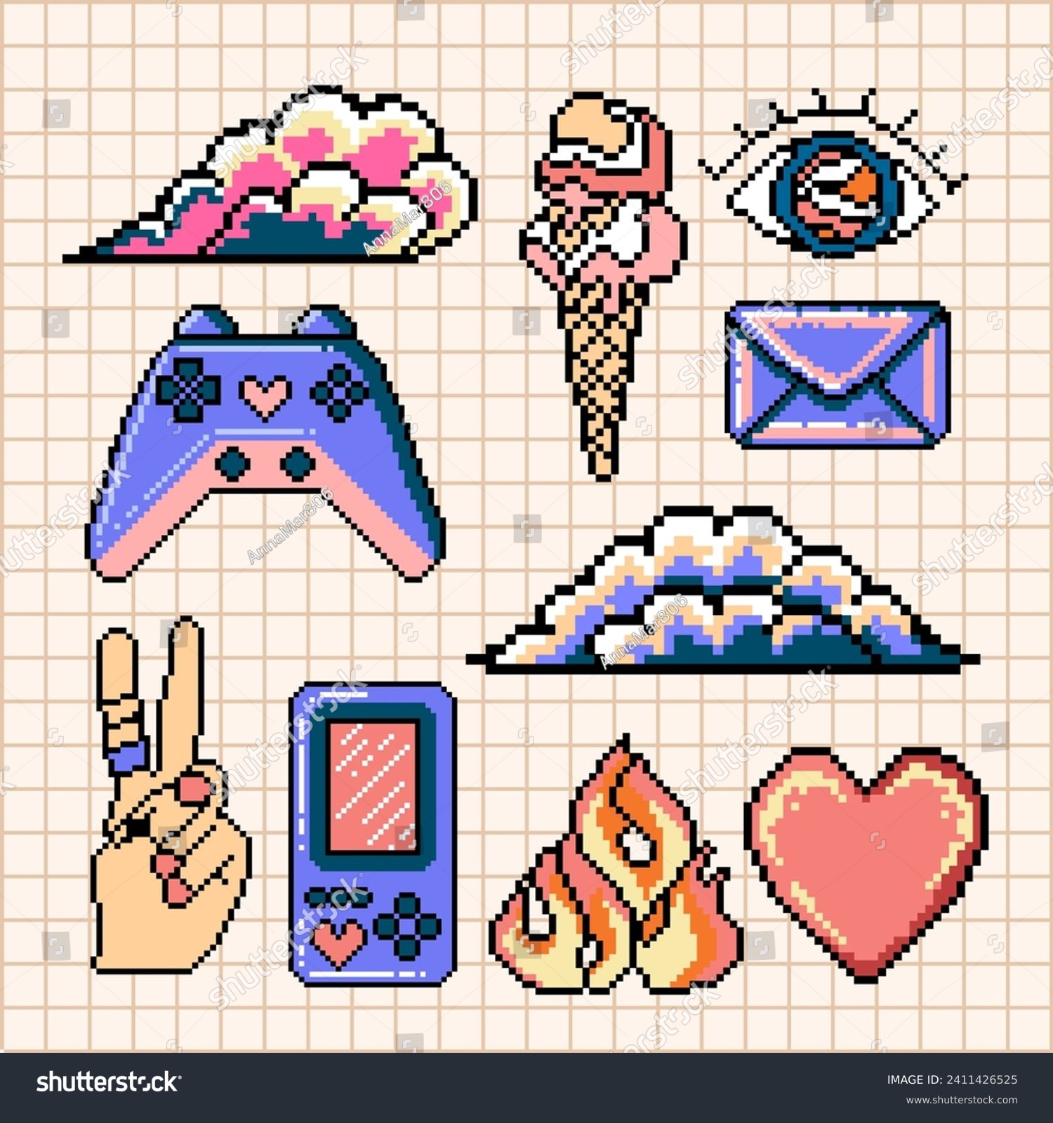 Pixelated Y2K elements. 8 bit illustrations of game controller  rollers  fire  etc. Pixel art 1990s 2000s. Vector.