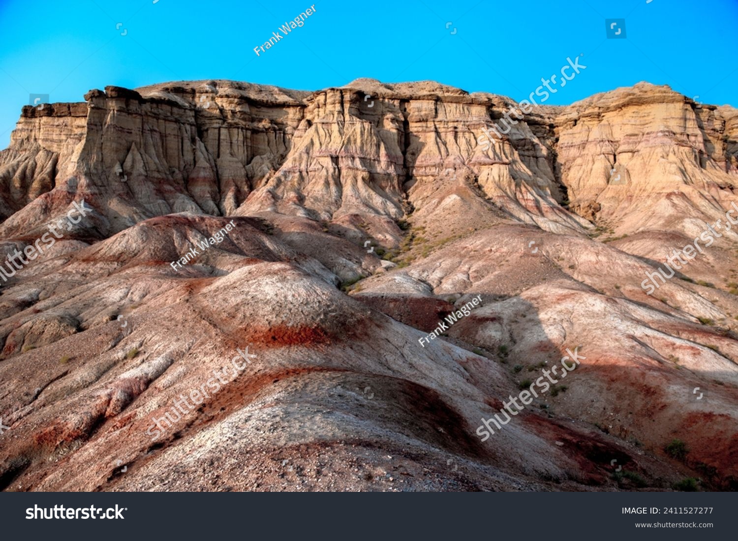 Rocky landscape with steep walls in the "White Stupa" or in Mongolian "Tsagaan Suvraga" in the Gobi Desert  Mongolia  Central Asia