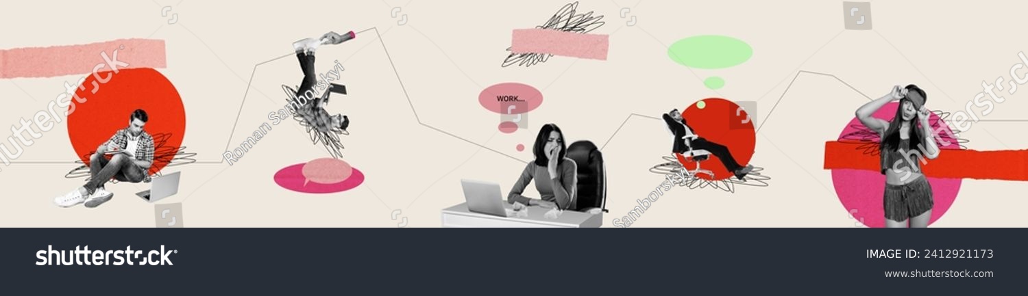 Horizontal collage picture of business people working hard in office isolated on drawing background