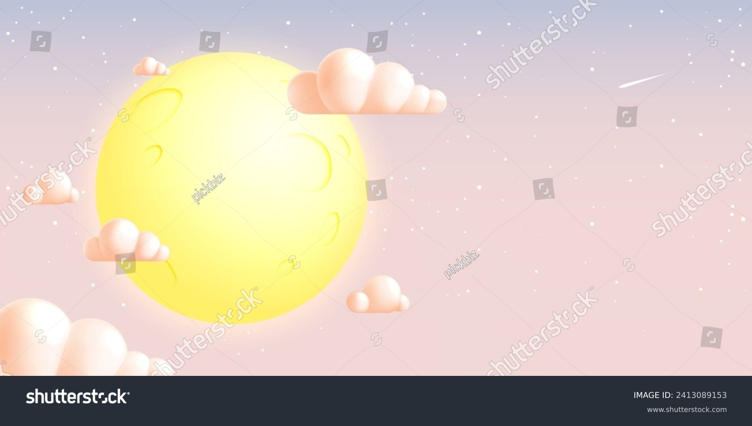Stylized full moon with craters  soft pastel clouds  and twinkling stars in a serene pink sky  3d vector illustration