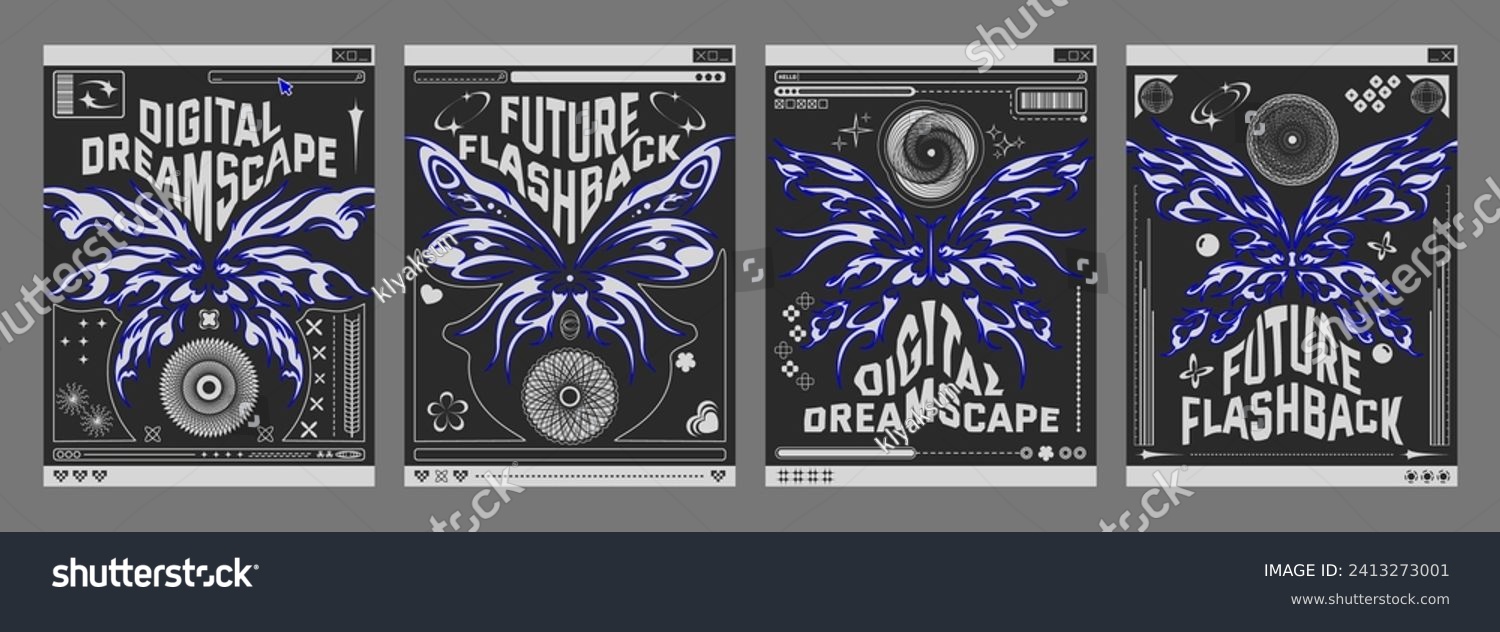 Y2k retro poster design template with grey tribal abstract graphic butterfly shape elements on black background  text box and decorative forms. Vector set of techno banner layout in 2000s aesthetic.