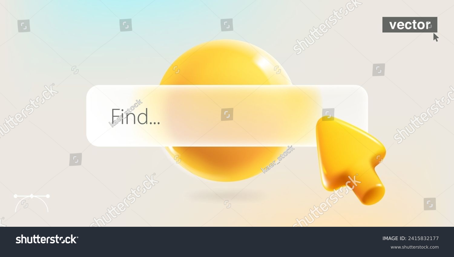 Search bar template for website and app in glassmorphism style. Navigation search bar for browser. Realistic 3D arrow  cursor with glossy sphere icon. Vector illustration in cartoon style with text. 