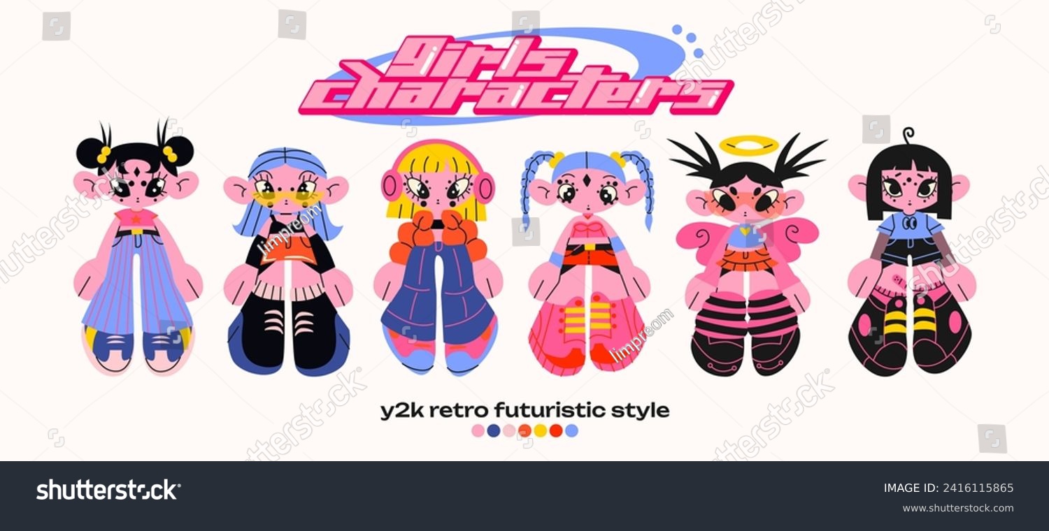 Retro cartoon girl character in Y2K style. Cyber girls with stars for 90s design. Collection of vector funky futuristic objects	