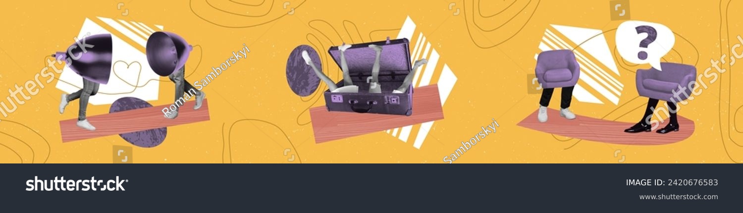 Panorama collage of headless couple lamps instead head love story jump into suitcase and dialogue between furniture over yellow background
