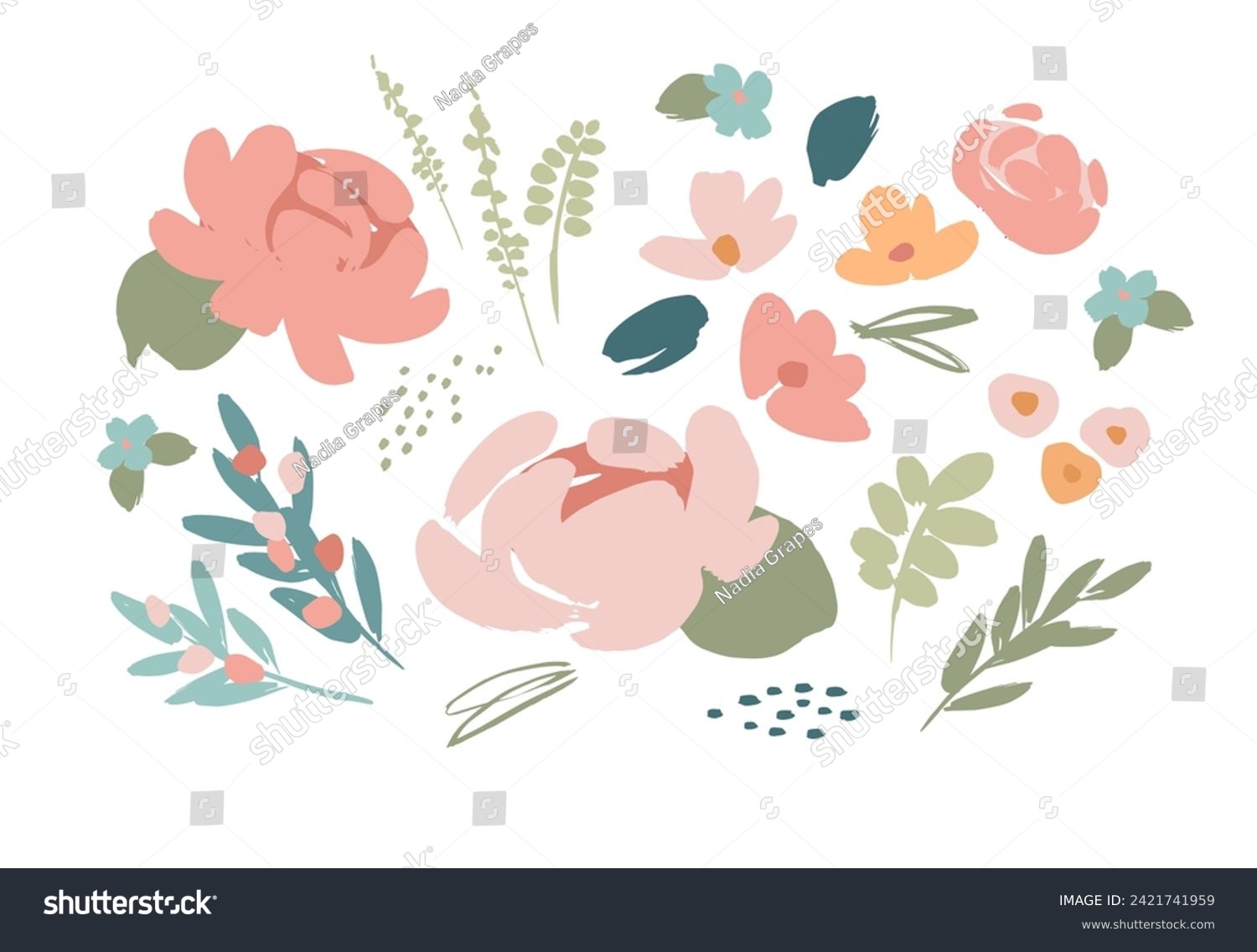 Set of abstract floral design elements. Leaves flowers grass branches ...