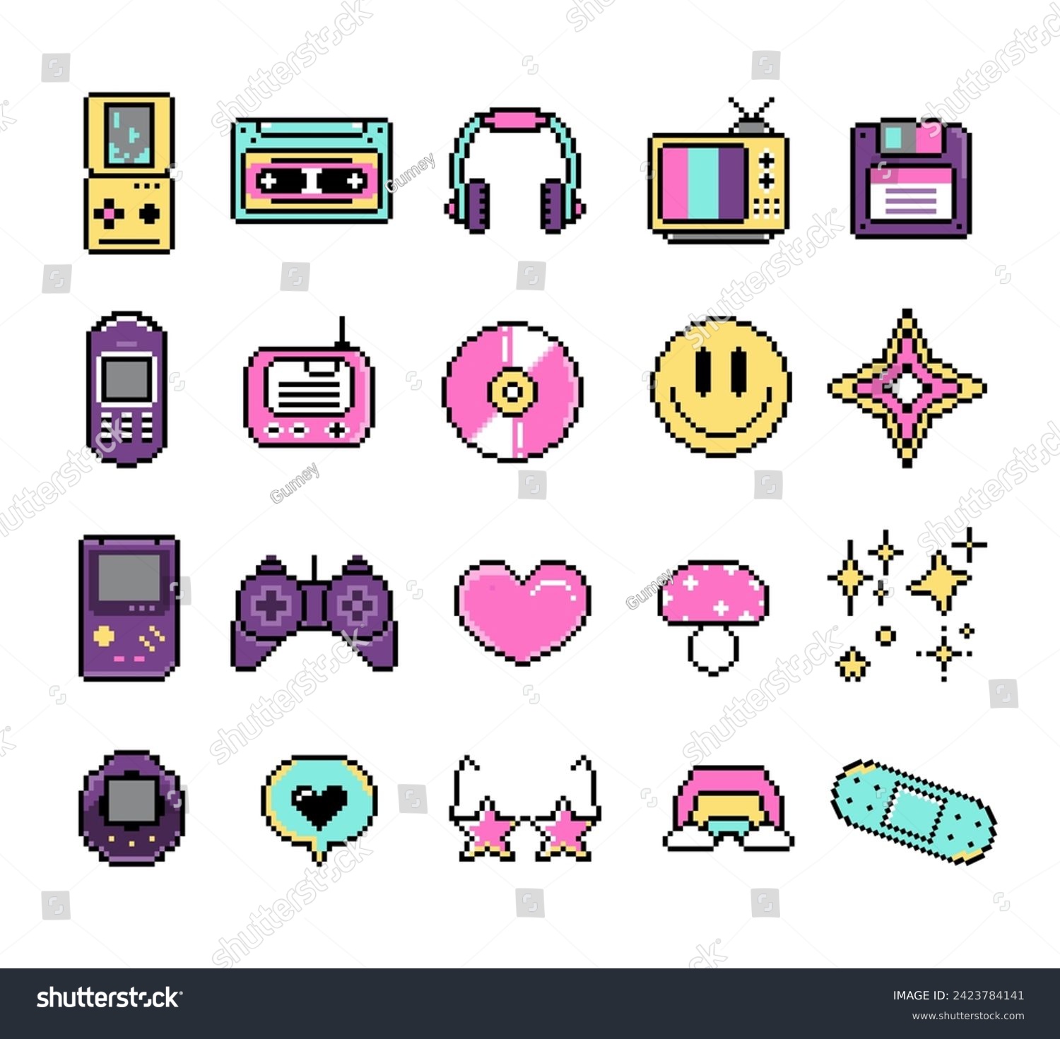 set of retro y2k elements in pixel art  vector illustration