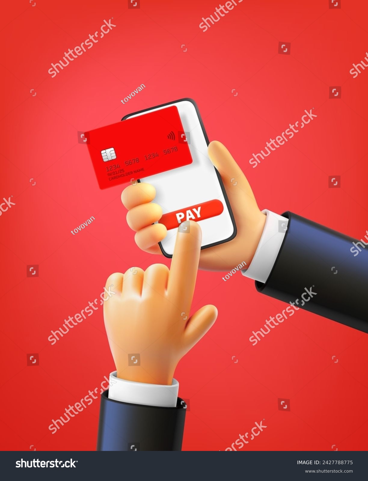 Man using smartphone to pay via internet with the card. 3d vector illustration
