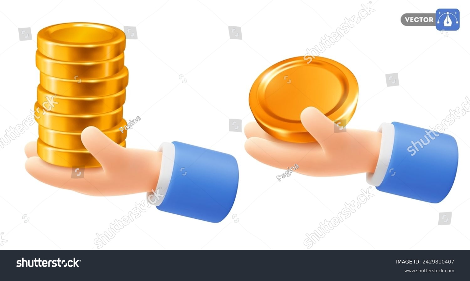 Cute cartoon hand holding or giving gold coins. 3d realistic icon  isolated on white background. Finance  profit  success  or cash back business concept. Vector illustration