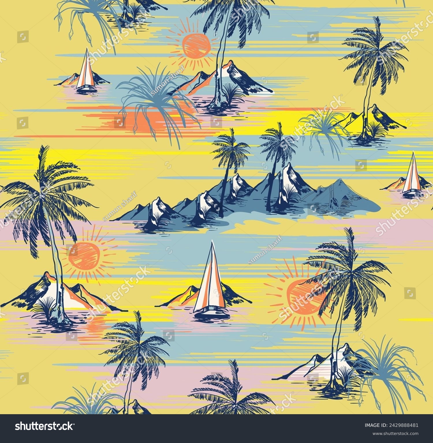 summer beach pattern Colorful Summer Tropical island hand drawing style ...