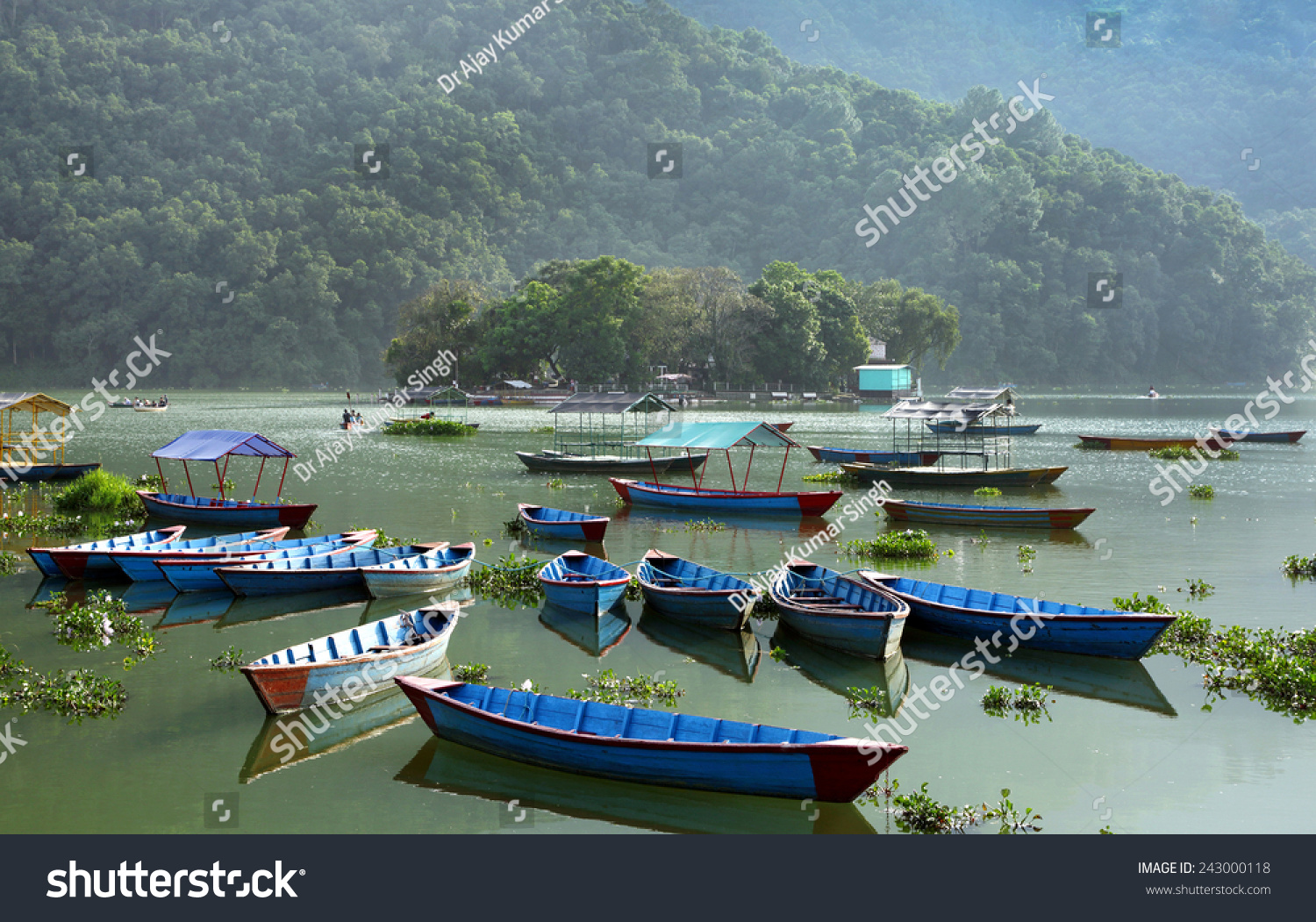 Boats parked in the Phewa lake of Pokhara 