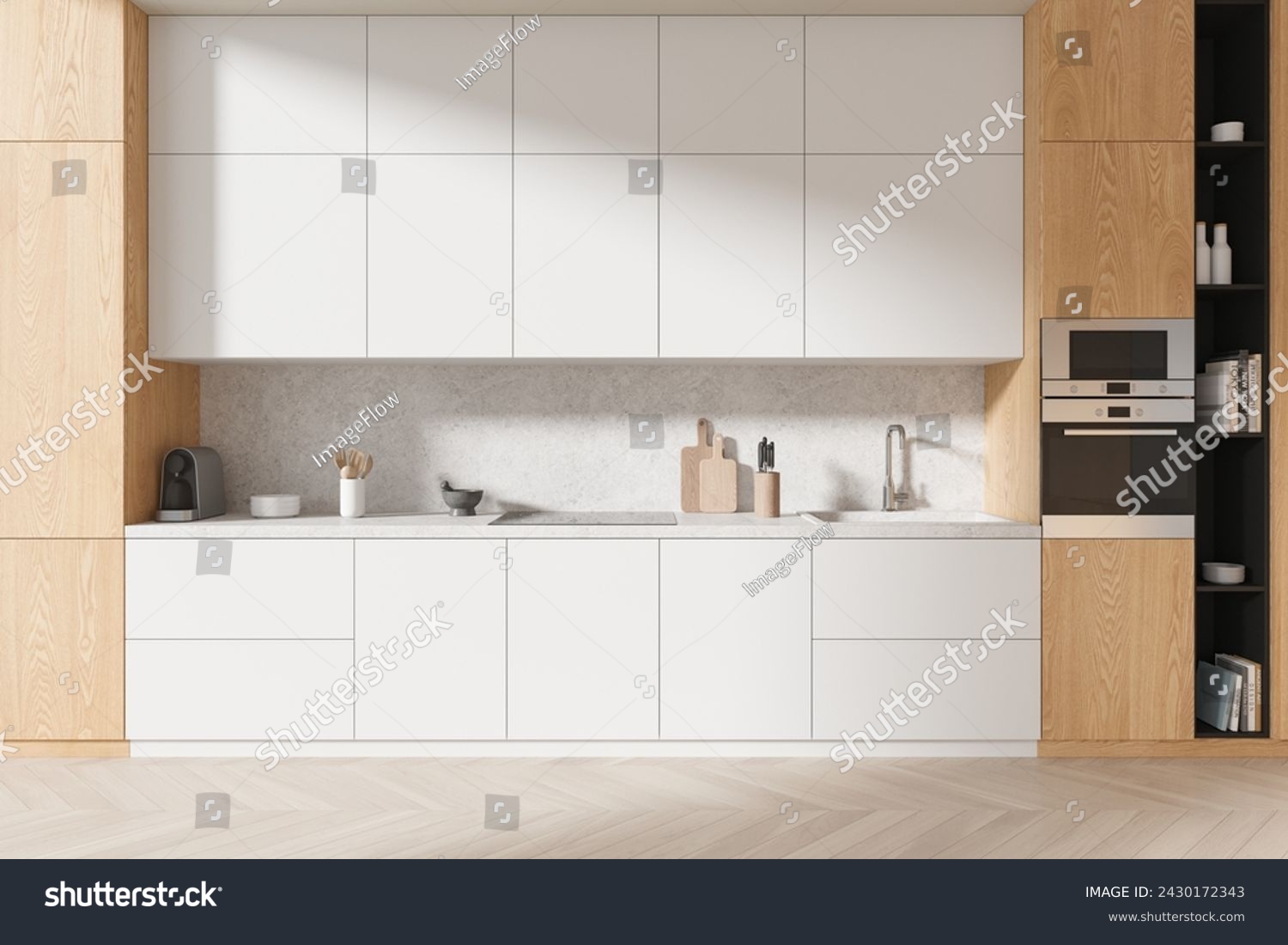 Interior of stylish kitchen with white and wooden walls concrete floor ...
