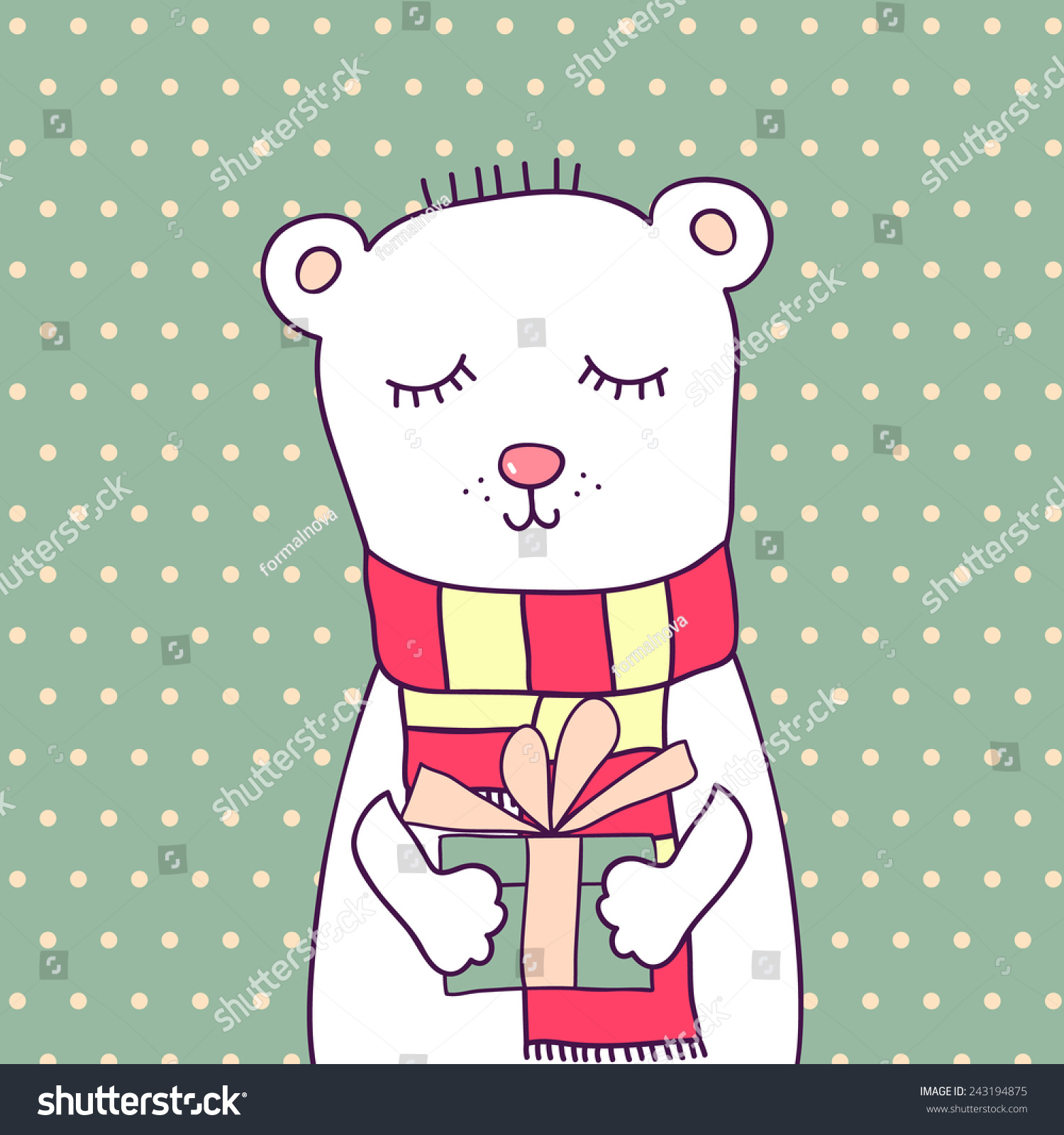 Concept birthday card with cute funny bear and box on polka-dot background. Bright card with animal in vector. 