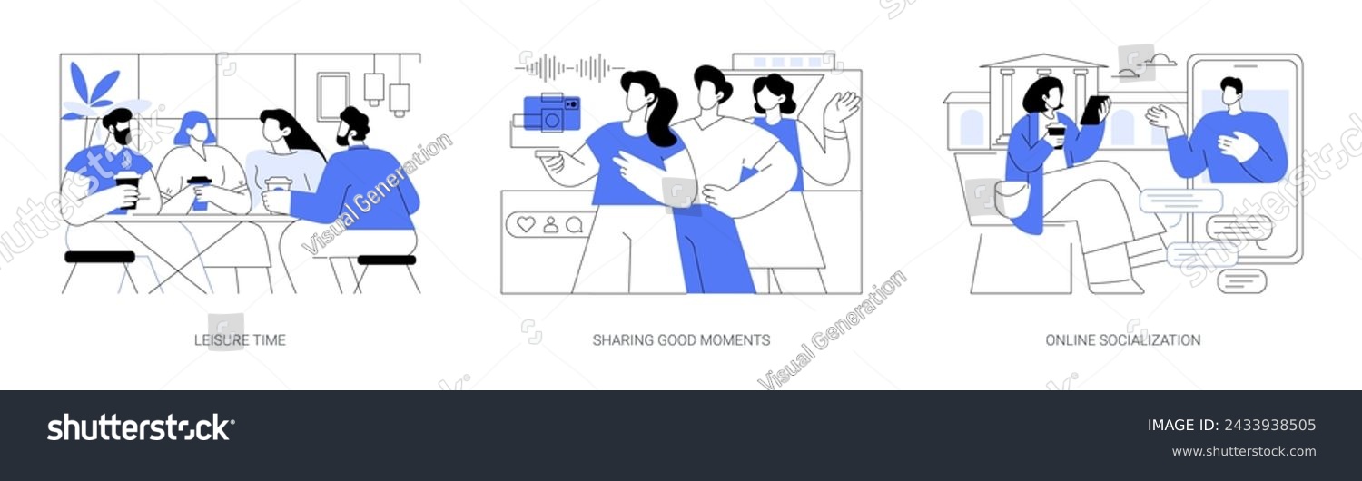 Students socialization isolated cartoon vector illustrations set. Happy friends spend leisure time in coffee shop  sharing good moments  making selfie  young people socialize online vector cartoon.