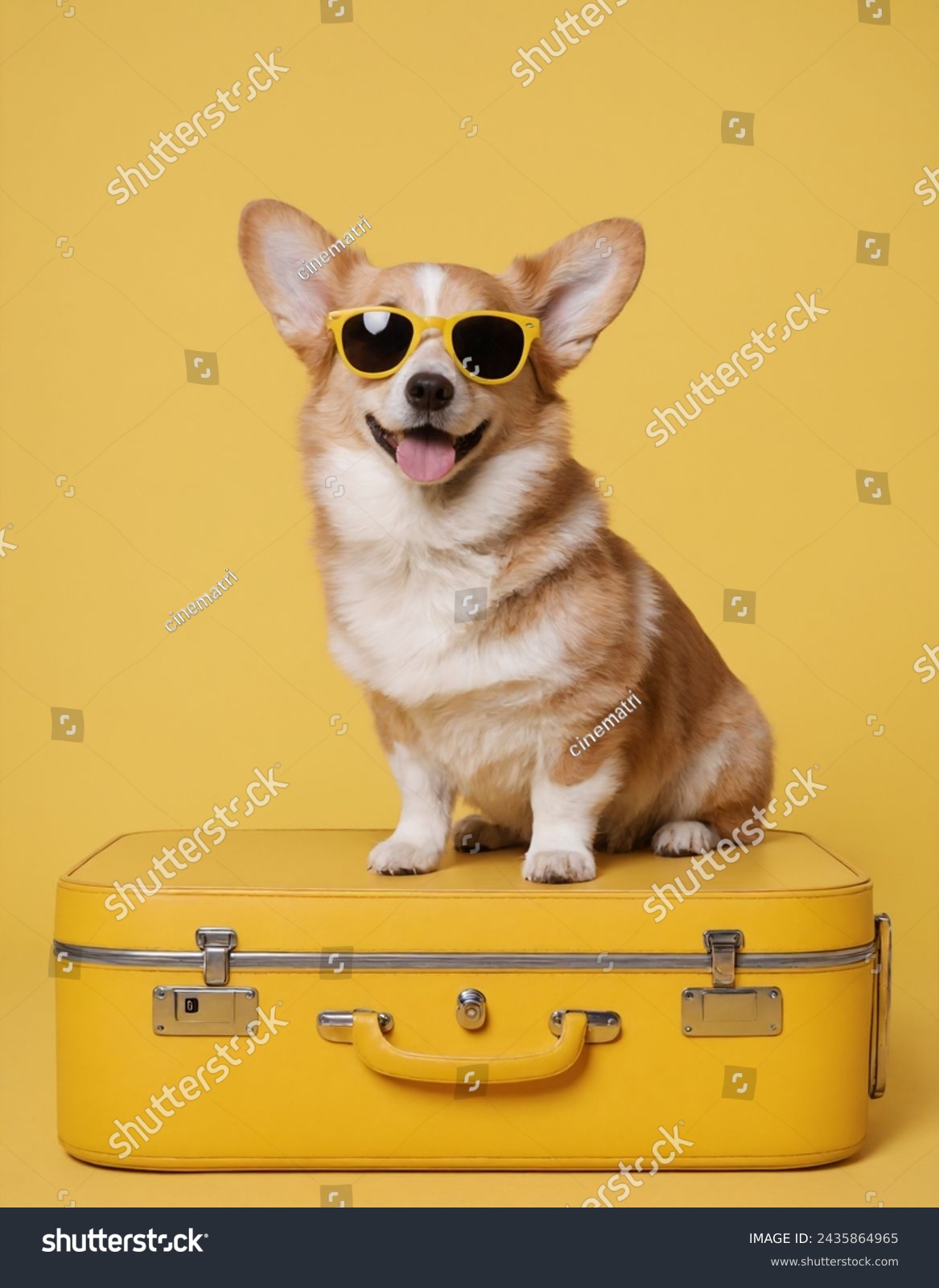 Cute corgi dog in sunglasses sitting on a suitcase on a yellow background.