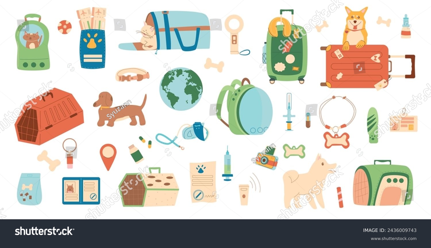 Travel with pets set. Tourism supplies and accessories for domestic animals elements isolated on white background. Pets carrier  collar  passport and id tag. Trip with cats and dogs. Vector flat.