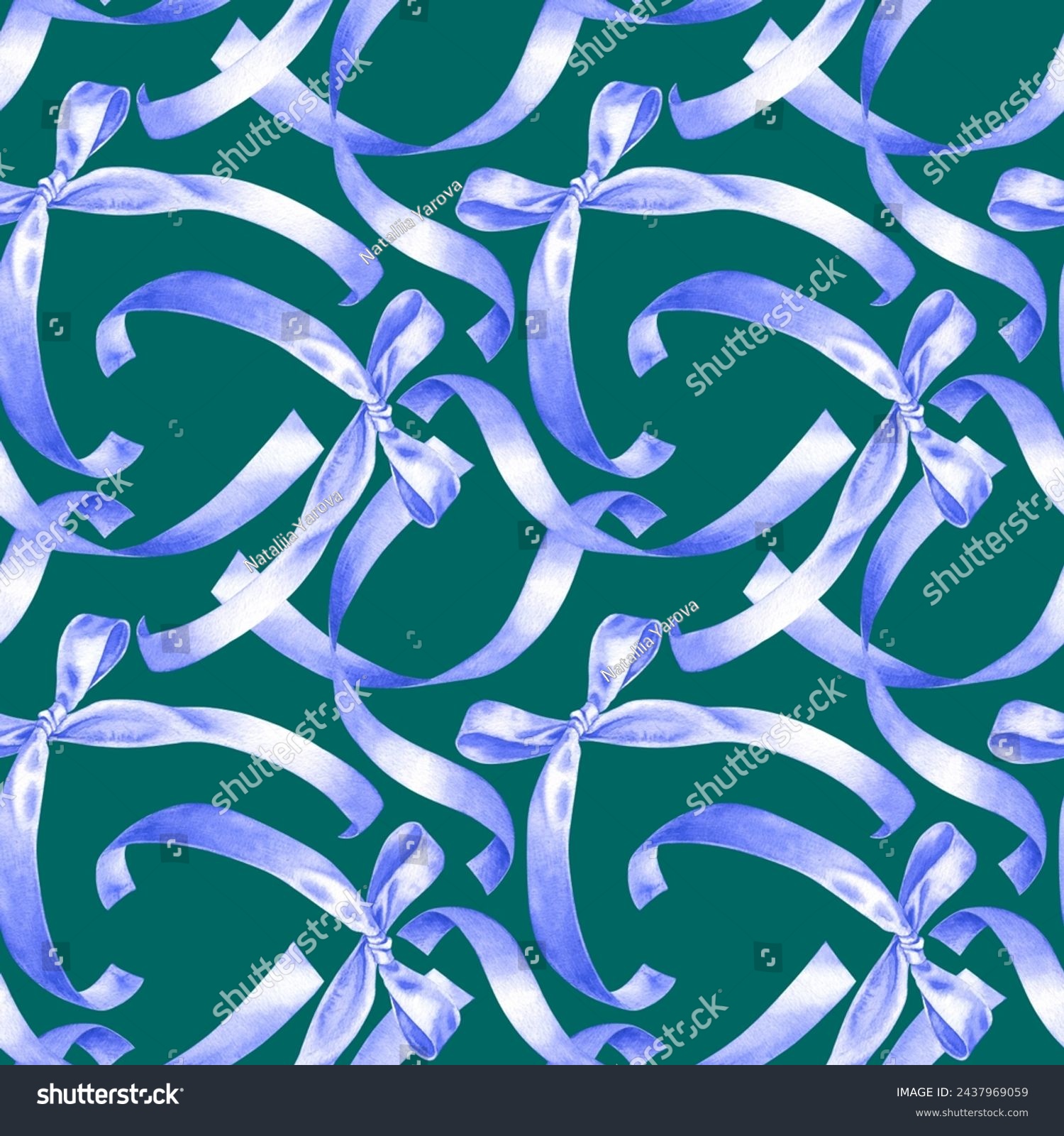 Seamless pattern of watercolor lavender gift bow  silk ribbon. Hand drawn illustration bowtie. Painted bowknot elements on green background. For print decoration  fabric  wrapping  wallpaper.