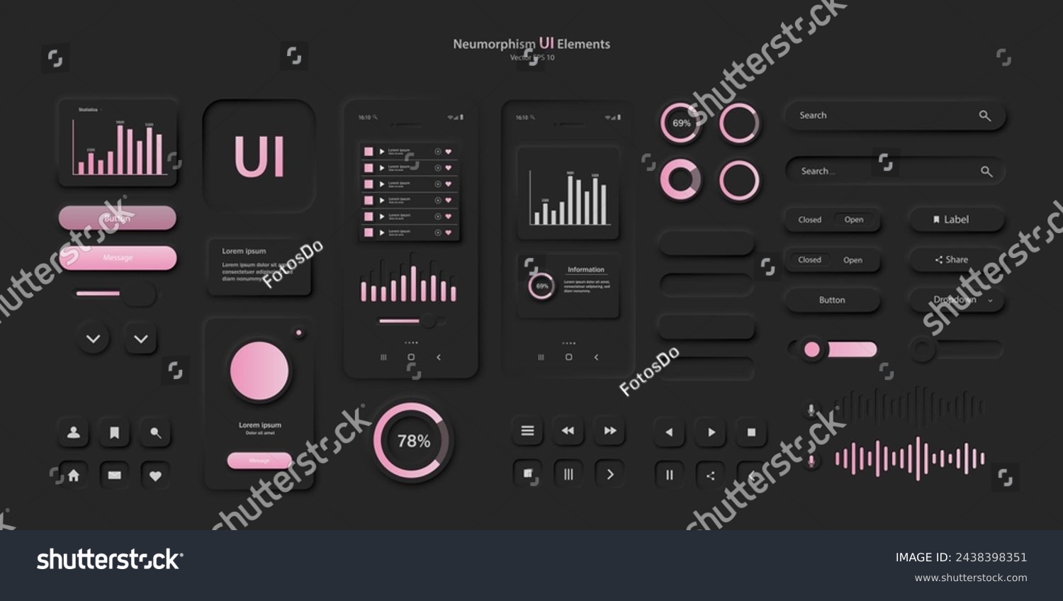 User interface elements for a mobile application in black and pink style. A set of Neomorphism-style user interface icons. Vector EPS 1 0.