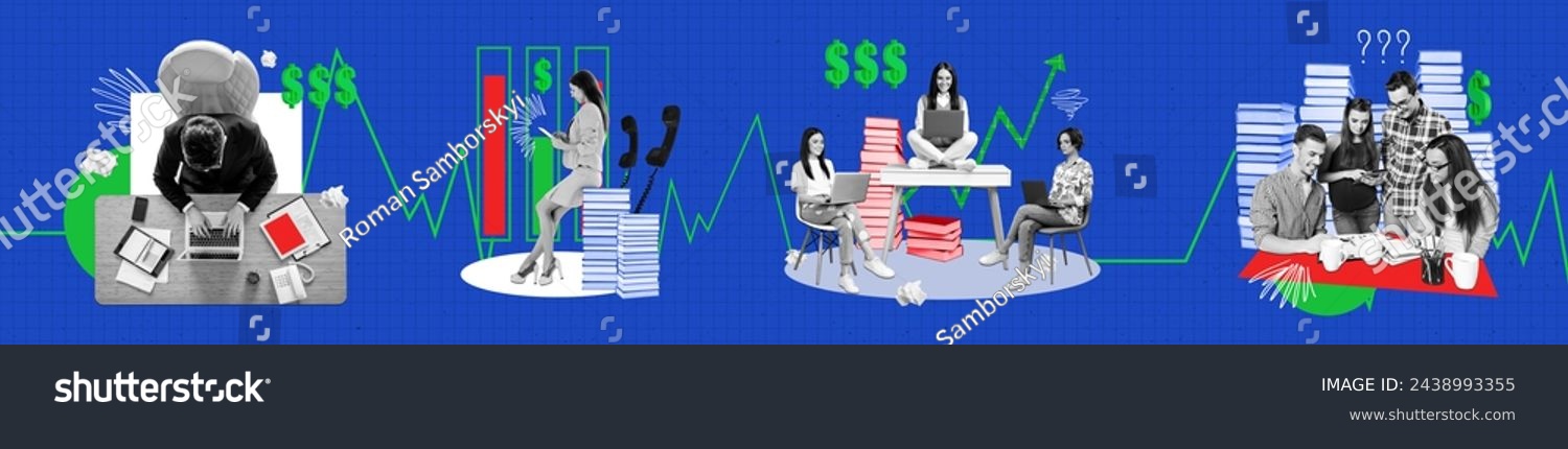 Composite collage image of teamwork startup financier trading team earning money finance graph panorama weird freak bizarre unusual