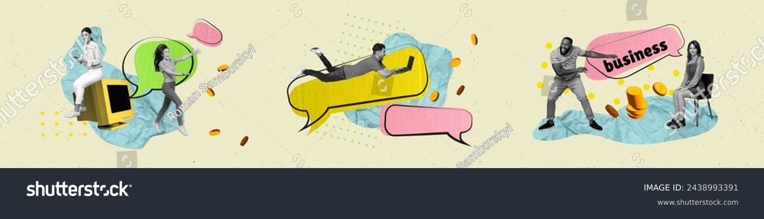 Creative poster collage of businesspeople speech bubble startup managers earn money panorama weird freak bizarre unusual