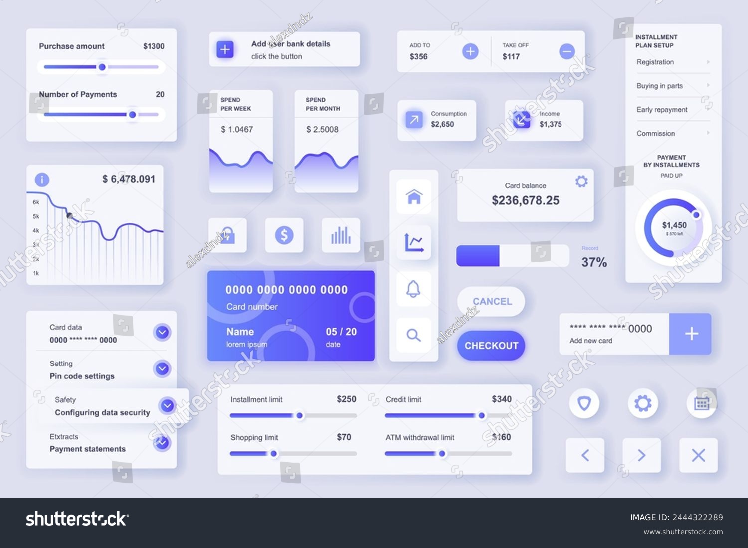 User interface elements set for Banking mobile app or web. Kit template with HUD  financial statistic and management  credit card balance  limits  payments. Pack of UI  UX  GUI. Vector components.