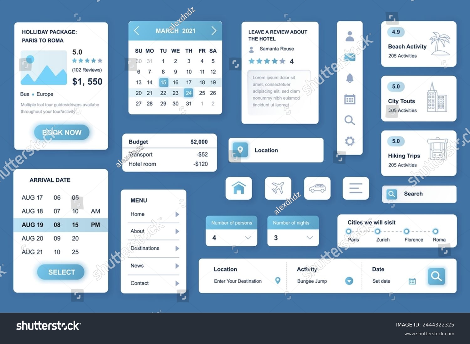 User interface elements set for Travel agency mobile app or web. Kit template with HUD  calendar  tour information  destinations  hotel review  search trip. Pack of UI  UX  GUI. Vector components.
