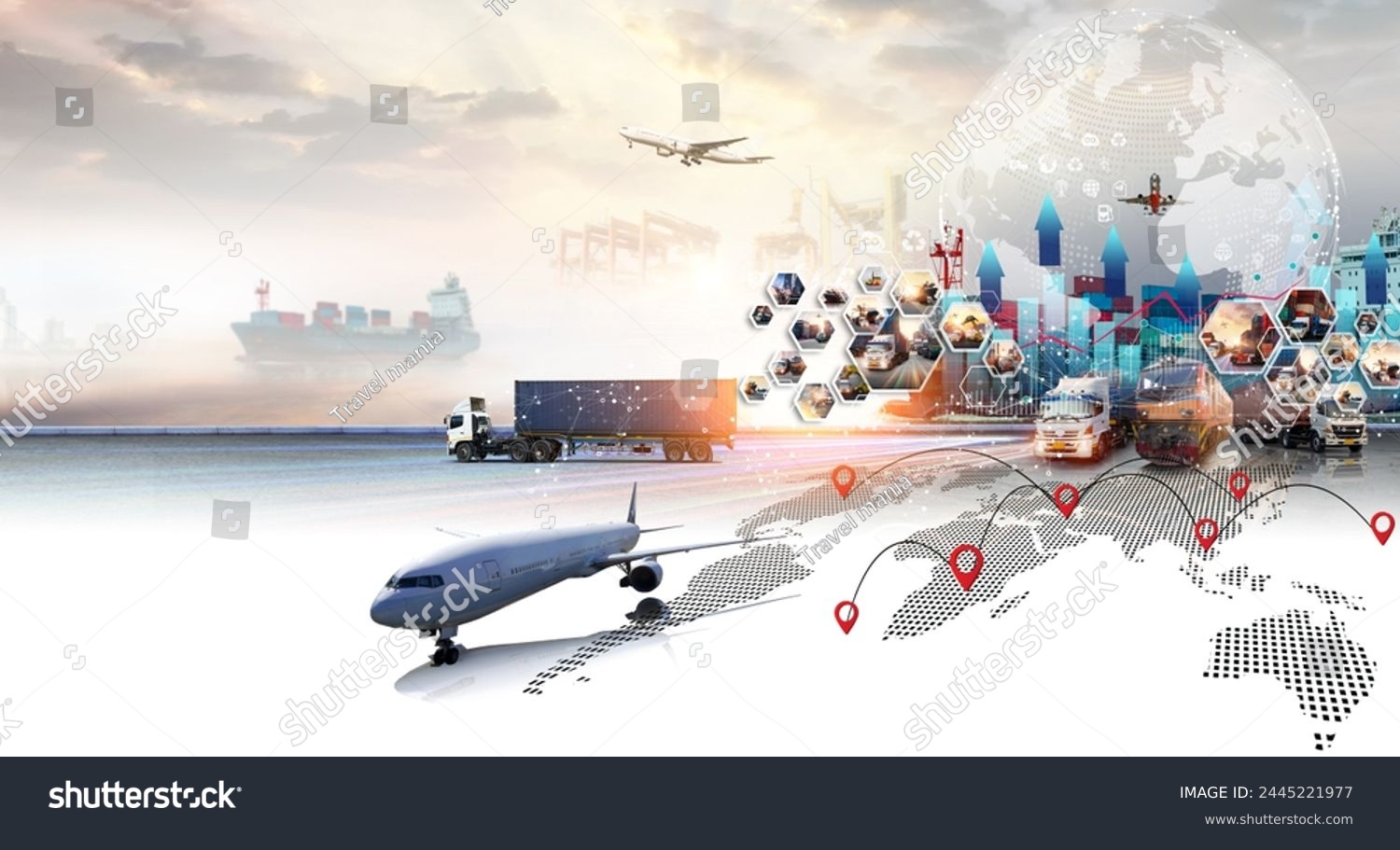 Global business of Container Cargo freight train for Business logistics concept Air cargo trucking Rail transportation with Big data visualization graphic graph and chart information business