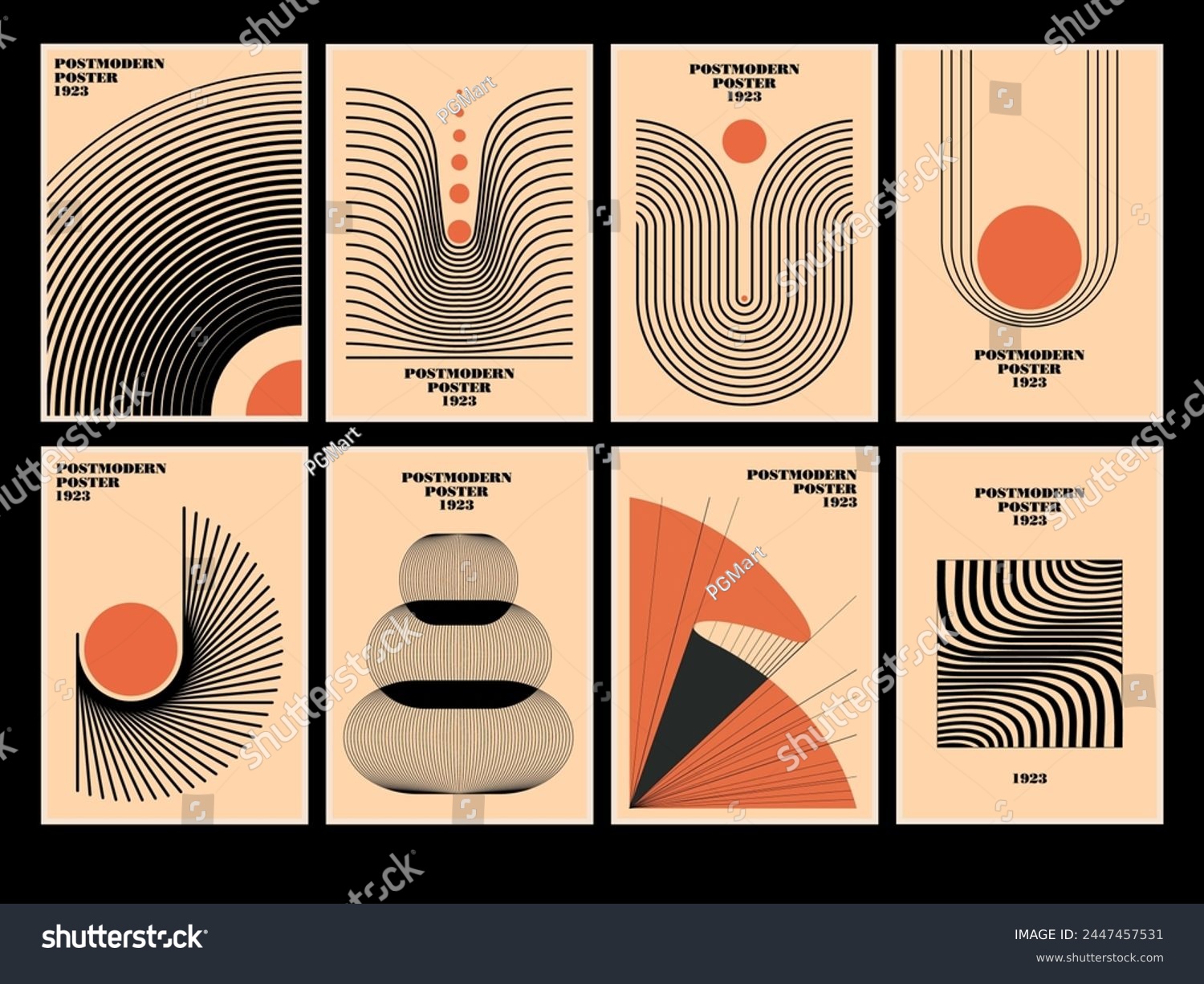 Set of 20s minimalistic geometric posters inspired postmodern of vector abstract dynamic symbols with bold geometric shapes  useful for web background  poster art design  hi-tech print  cover artwork