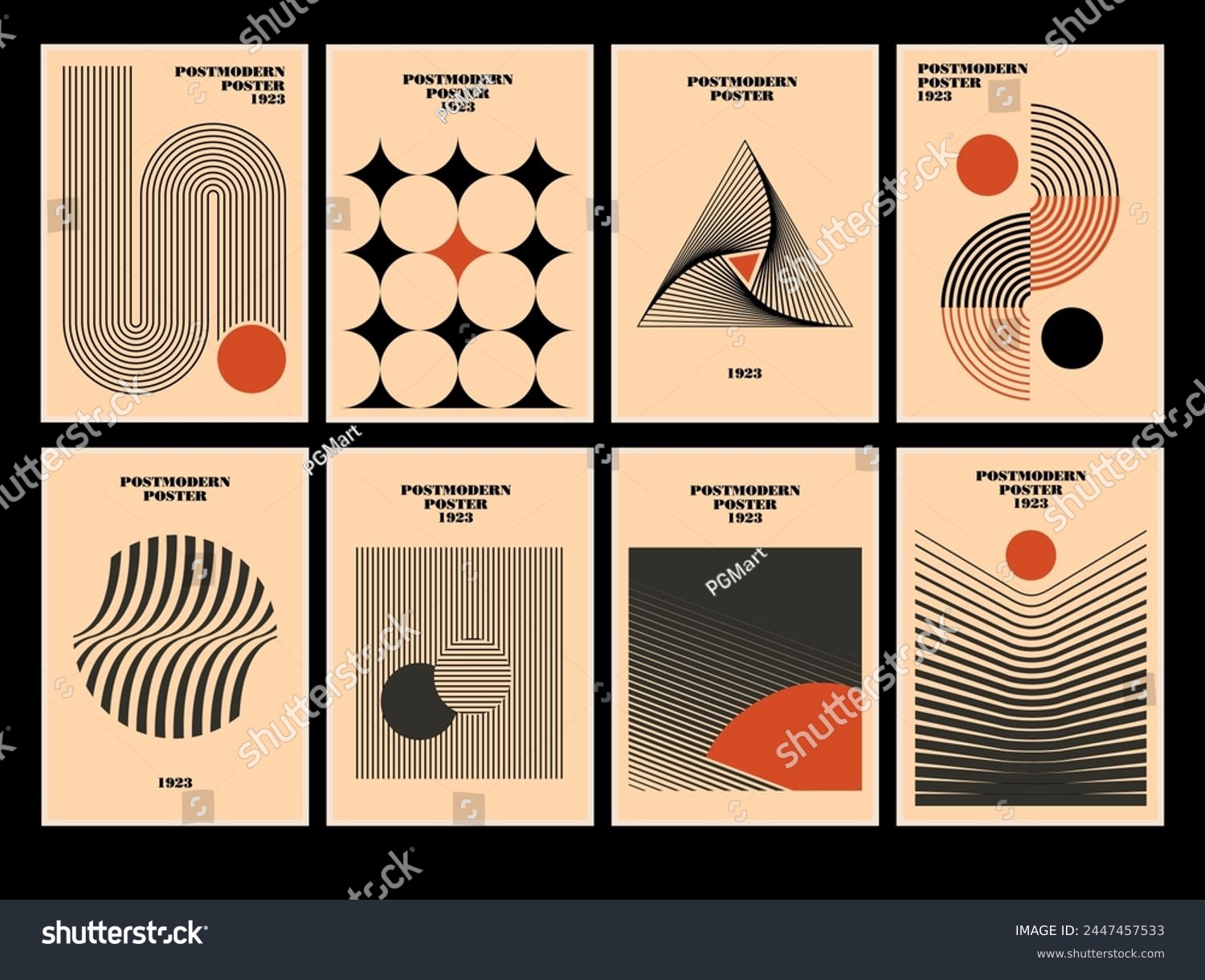 Set of 20s minimalistic geometric posters inspired postmodern of vector abstract dynamic symbols with bold geometric shapes  useful for web background  poster art design  hi-tech print  cover artwork