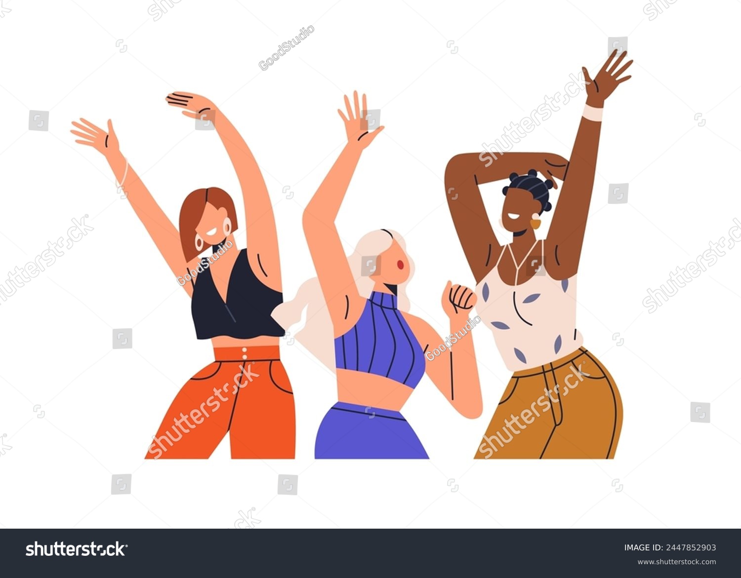 Happy excited girls dancing at party. Young women friends celebrating  rejoicing with arms up. Girlfriends having fun and celebration at disco. Flat vector illustration isolated on white background