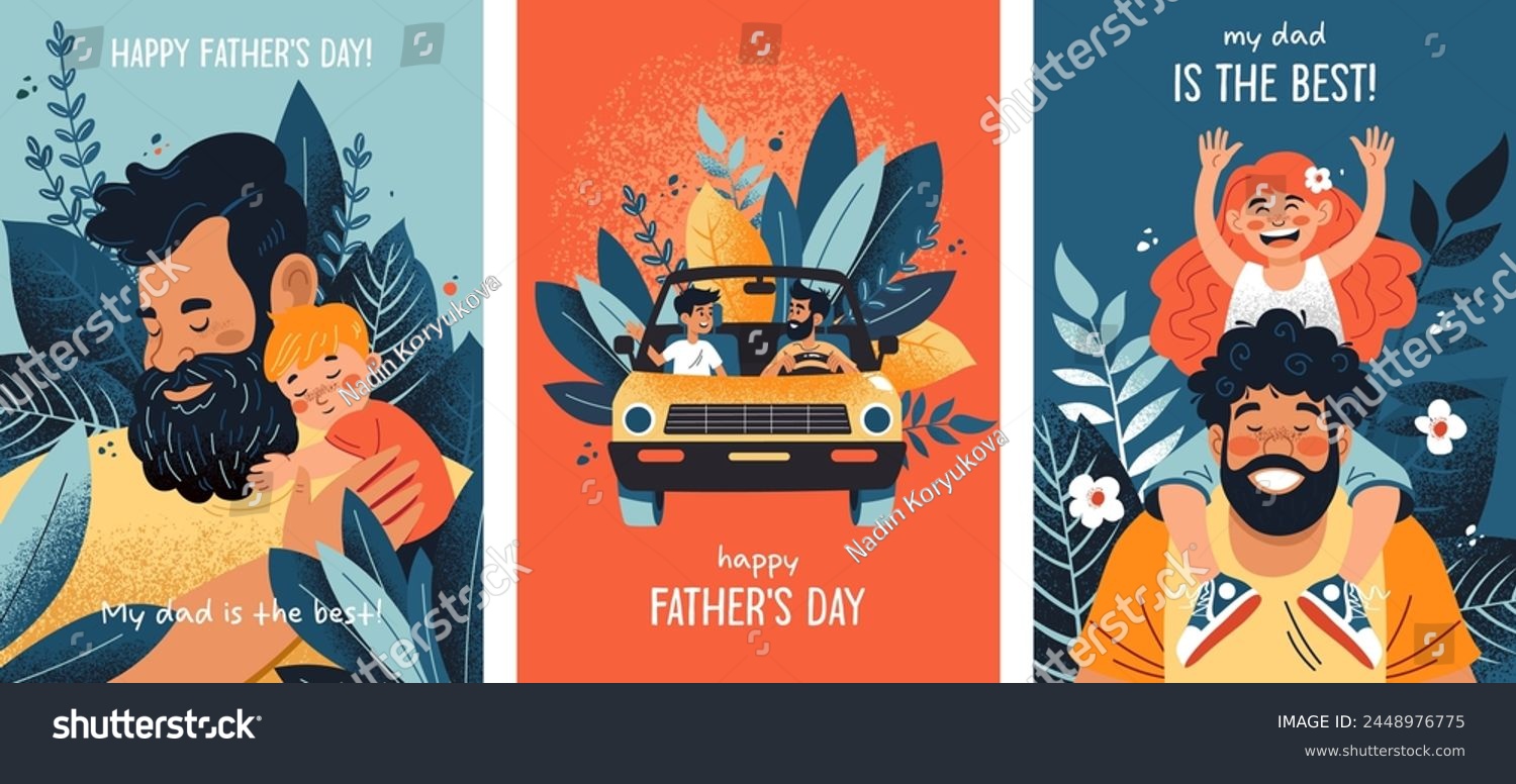 Set of postcards dedicated to Father's Day. Family  father and son  father and daughter  friendship and mutual understanding. Prints for clothes  cover for notebooks  posters  postcards  advertising a