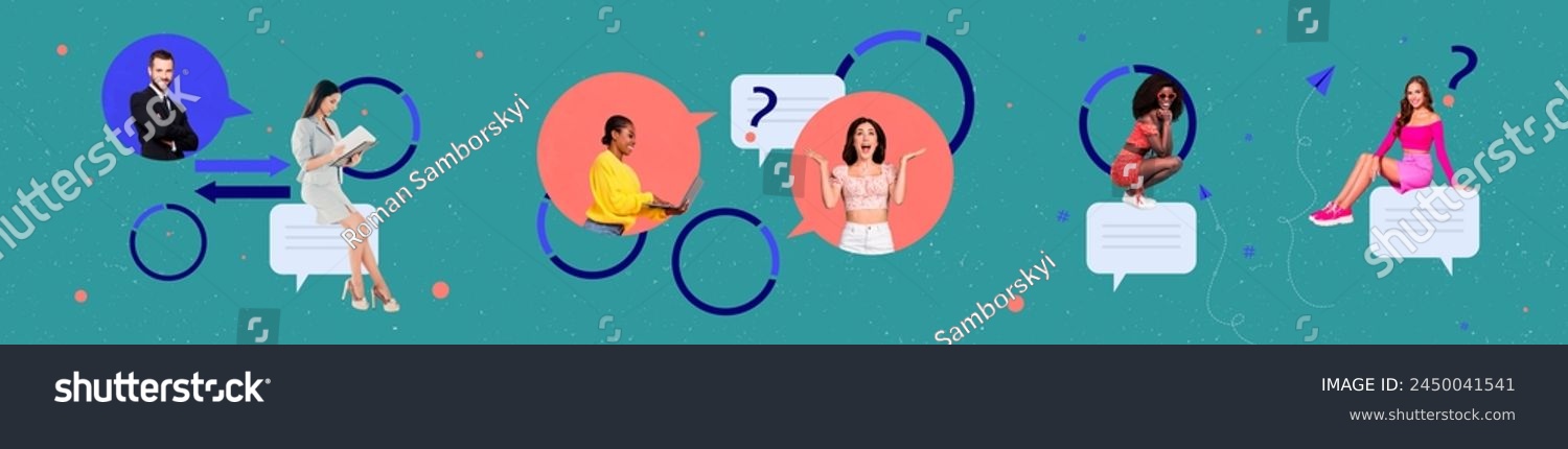 Composite panoramic collage of happy people girls guy talk speak correspondence mind icon type sms macbook isolated on painted background