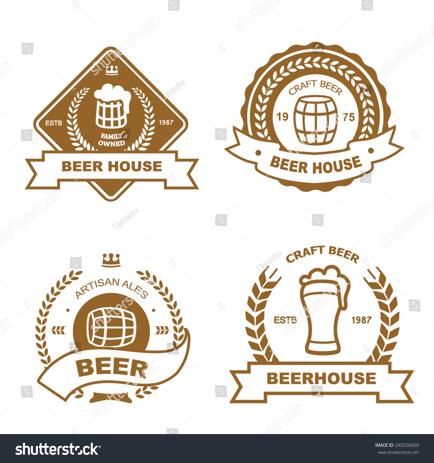 Set of vintage monochrome badge  logo  and design elements for beer house  bar  pub  brewing company  brewery  tavern  restaurant - mug  glass  barrel  wheat icons