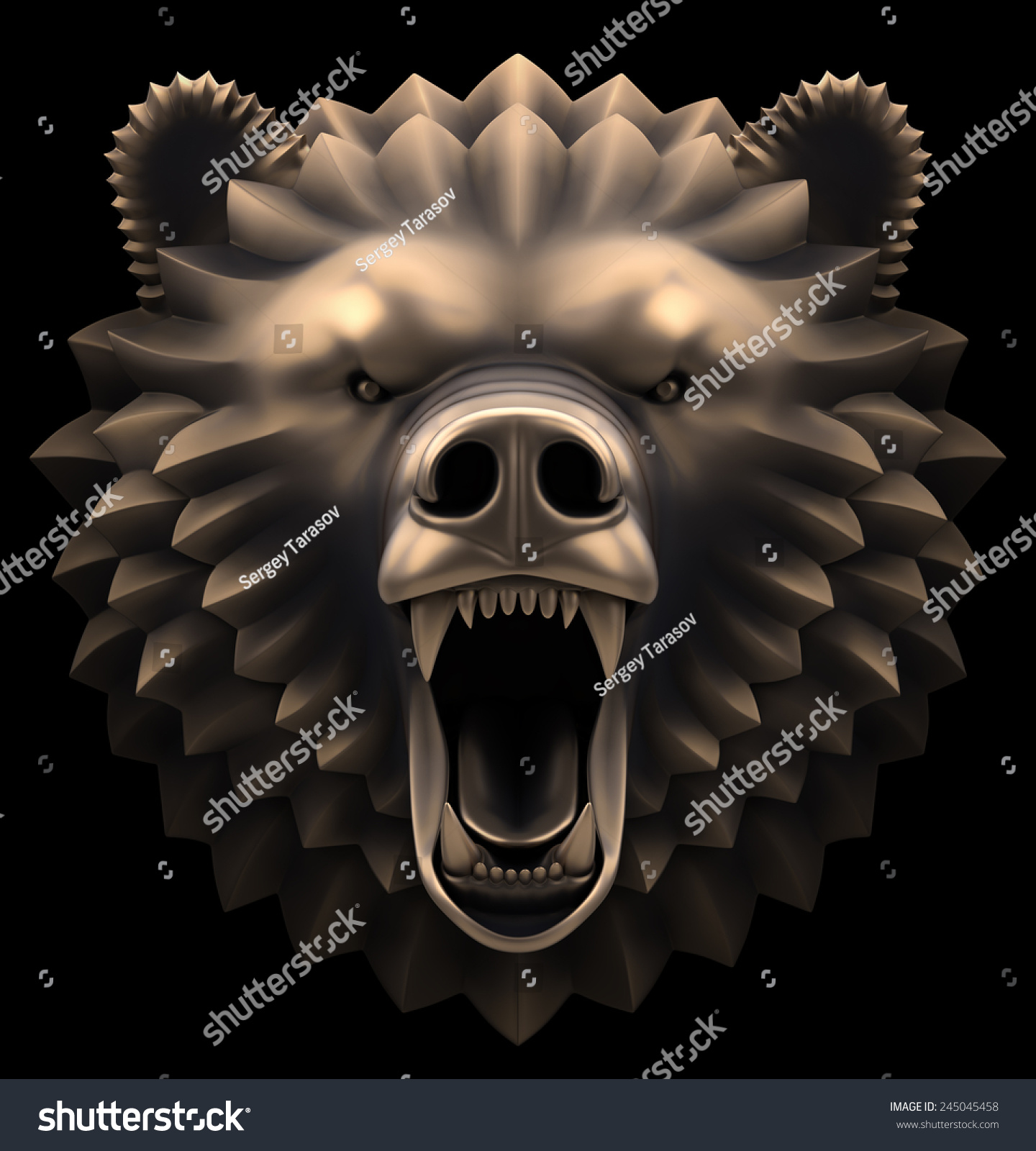 The Bear's Head. Artistic sculpture of a head of a roaring bear. 3D rendered image.