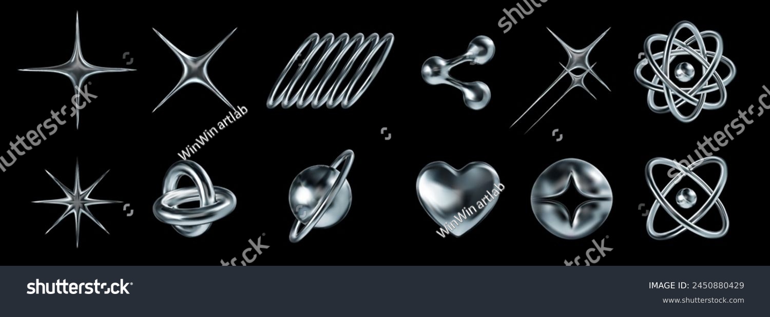 Liquid chrome y2k icons. Abstract shiny metallic shapes star rays  atomic orbit and molecular structures 3D elements vector set of chrome liquid shape element illustration of liquid shape design