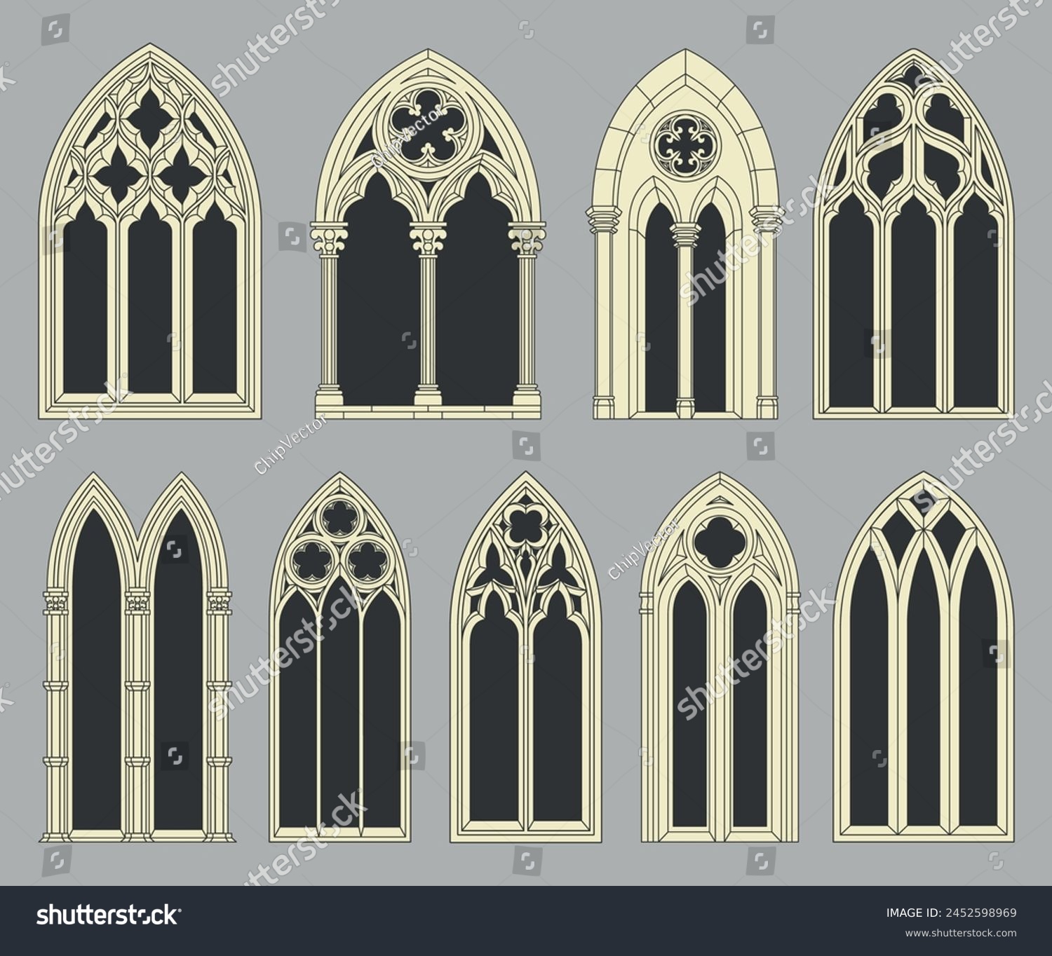 Gothic arch church windows with classic art detailed frame set isometric vector illustration. Vintage ornamental interior for cathedral historic palace geometric medieval decorative flourish border