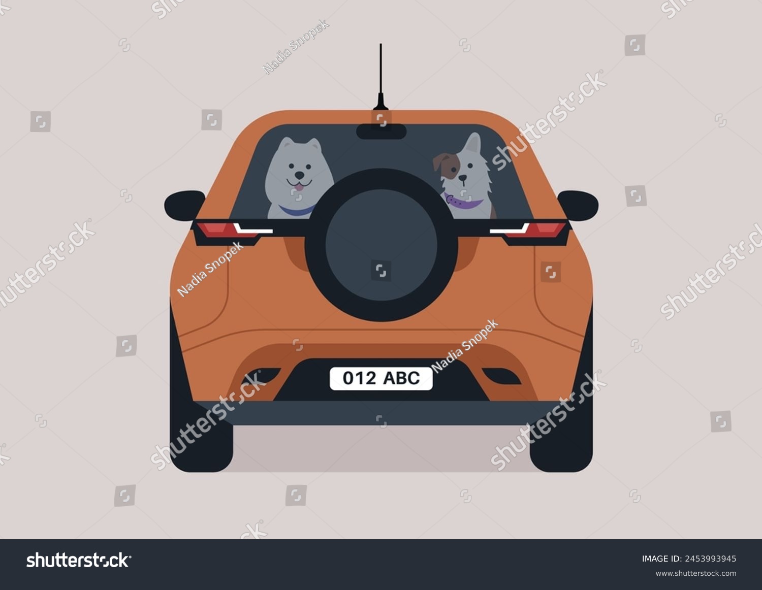 A couple of funny cute puppies sitting on a backseat of a SUV car
