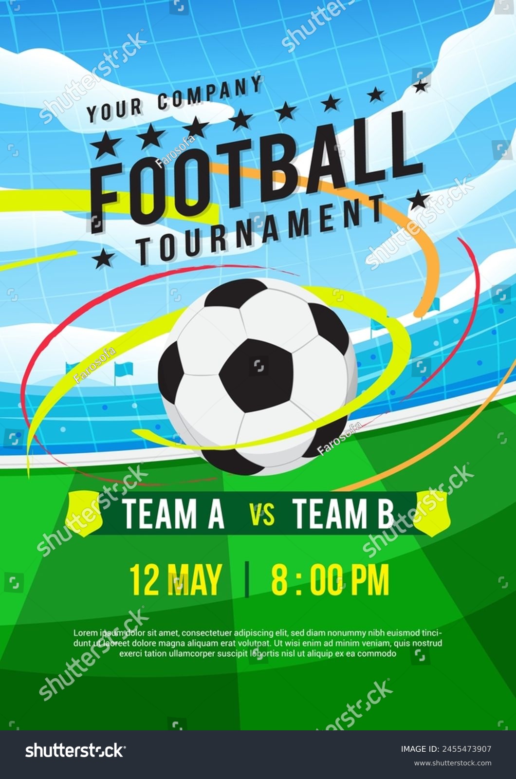 Football Tournament poster vector design. Soccer ball flying in air.