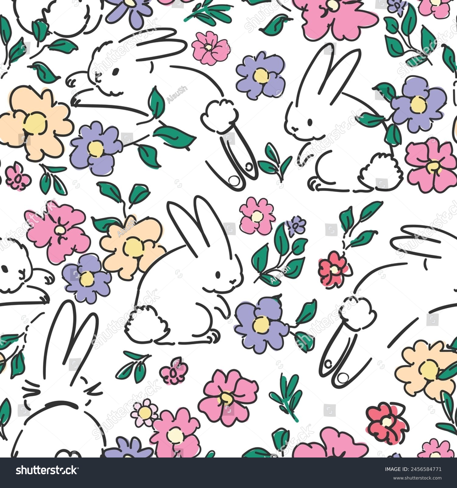 Funky Drawn Rabbit Hand Drawn rabbits and flowers Seamless pattern Decorative trend print ...