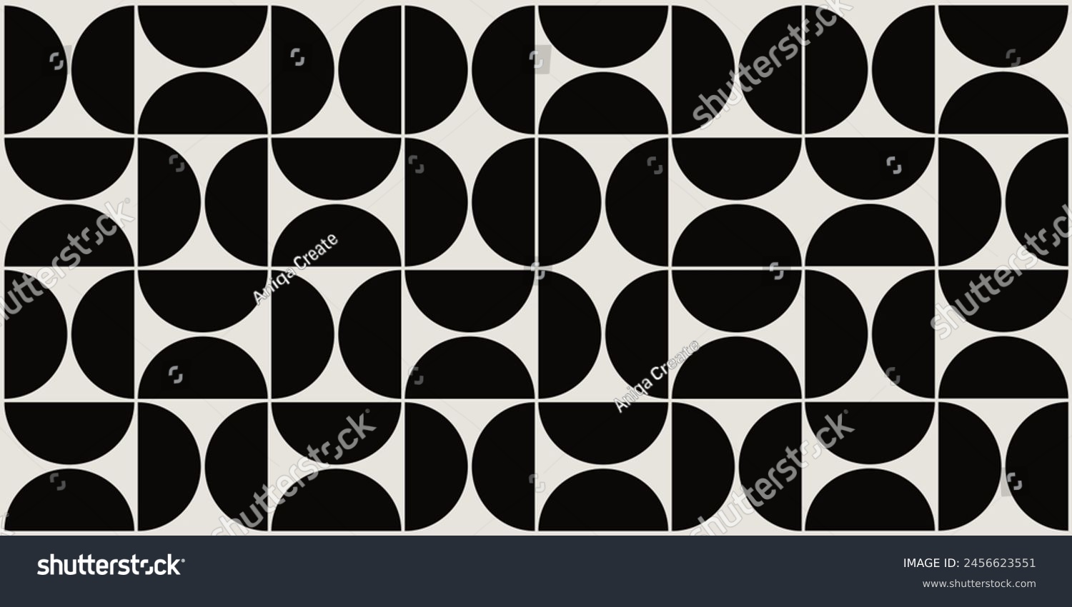 Graphical shapes of half circles and squares in black and beige. The classic Bauhaus style pattern design.