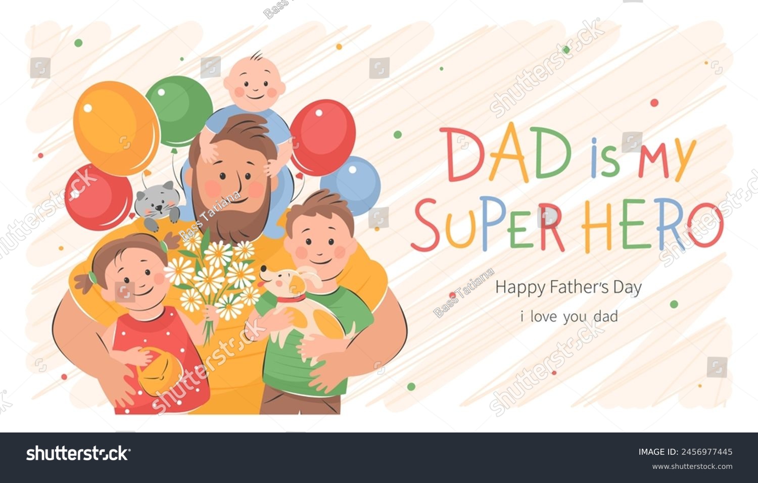 Happy Father's Day! Vector cute illustration of dad with children. Drawings Father's Day with holiday wishes for postcards  posters   banner.