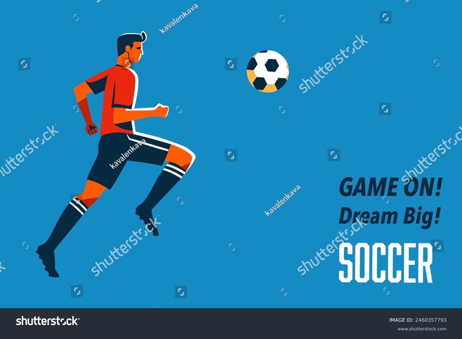 Soccer poster with player kicking ball. Fitness concept. Flat vector illustration