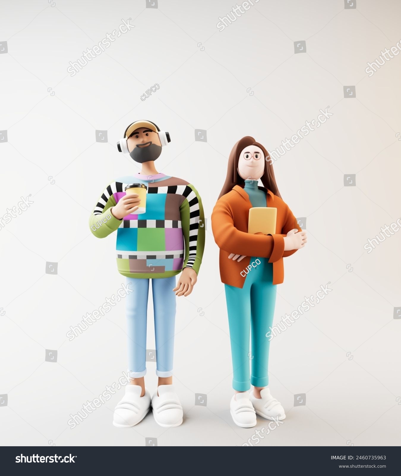 Man listening to music and holding a coffee cup.3d illustration.