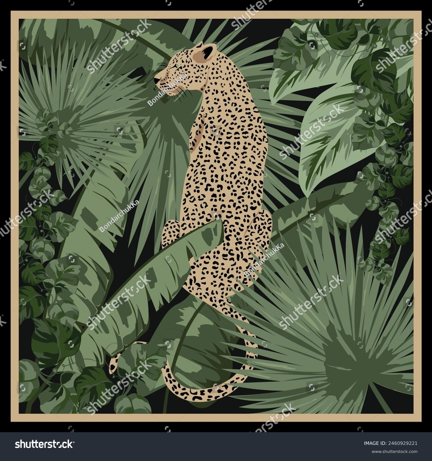 Scarf print design for wallpaper. Leopard in Green tropical leaves on ...
