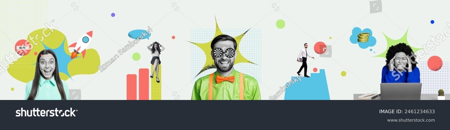 Composite artwork collage image of people work think walk stairs trade bitcoin netbook isolated on creative background