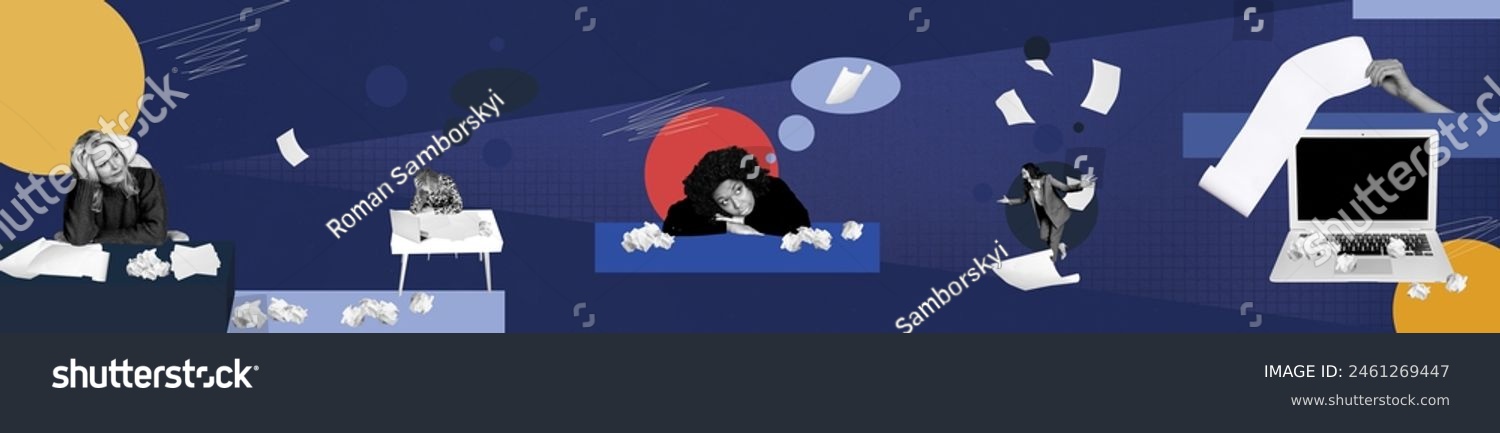 Horizontal collage poster of tired exhausted business people office time management work tasks isolated on drawing background