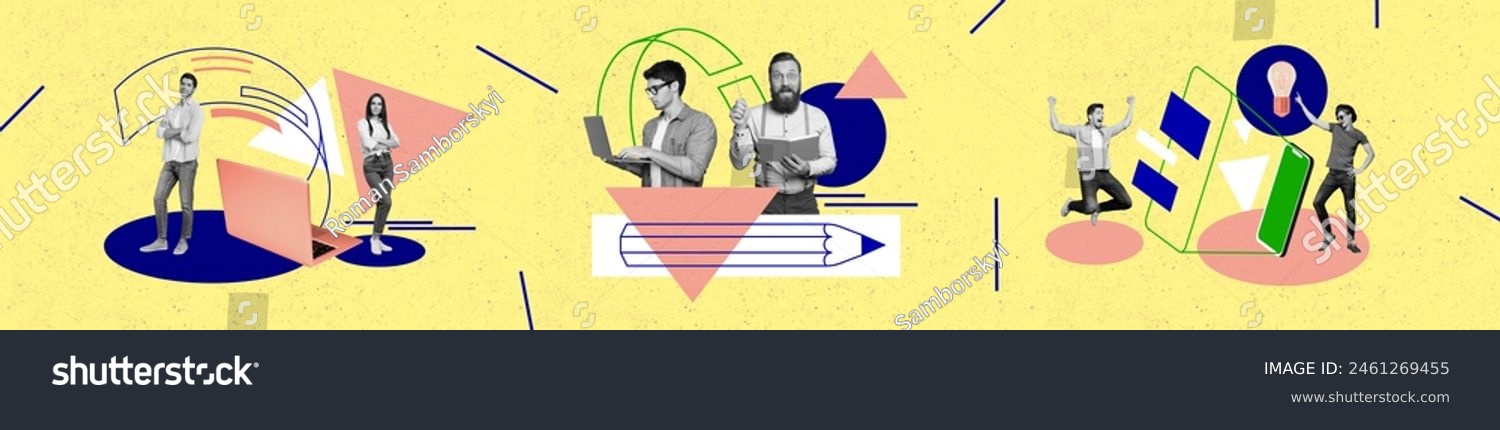 Banner collage picture of successful young people working together idea plan task decision isolated on drawing background