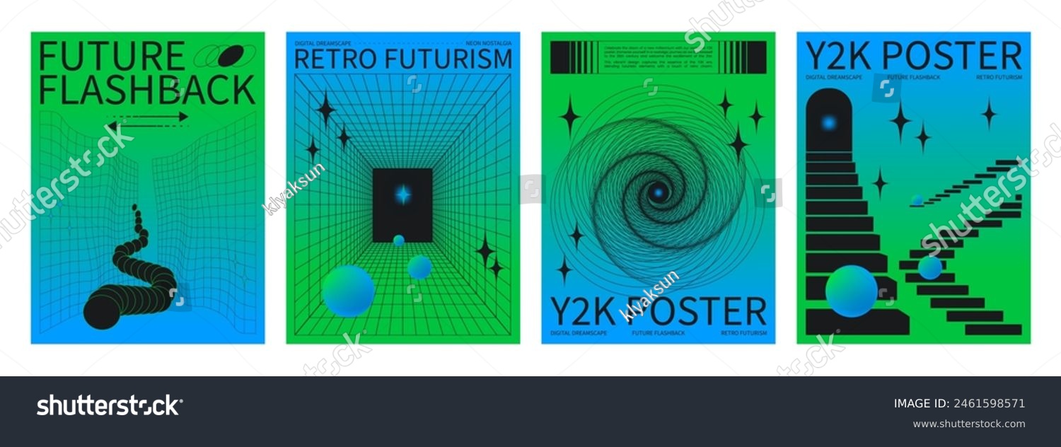 Set of retrowave techno banners. Vector realistic illustration of y2k aesthetic blue and green gradient posters with wireframe portal perspective  star icons  retro futuristic vibe collage flyers