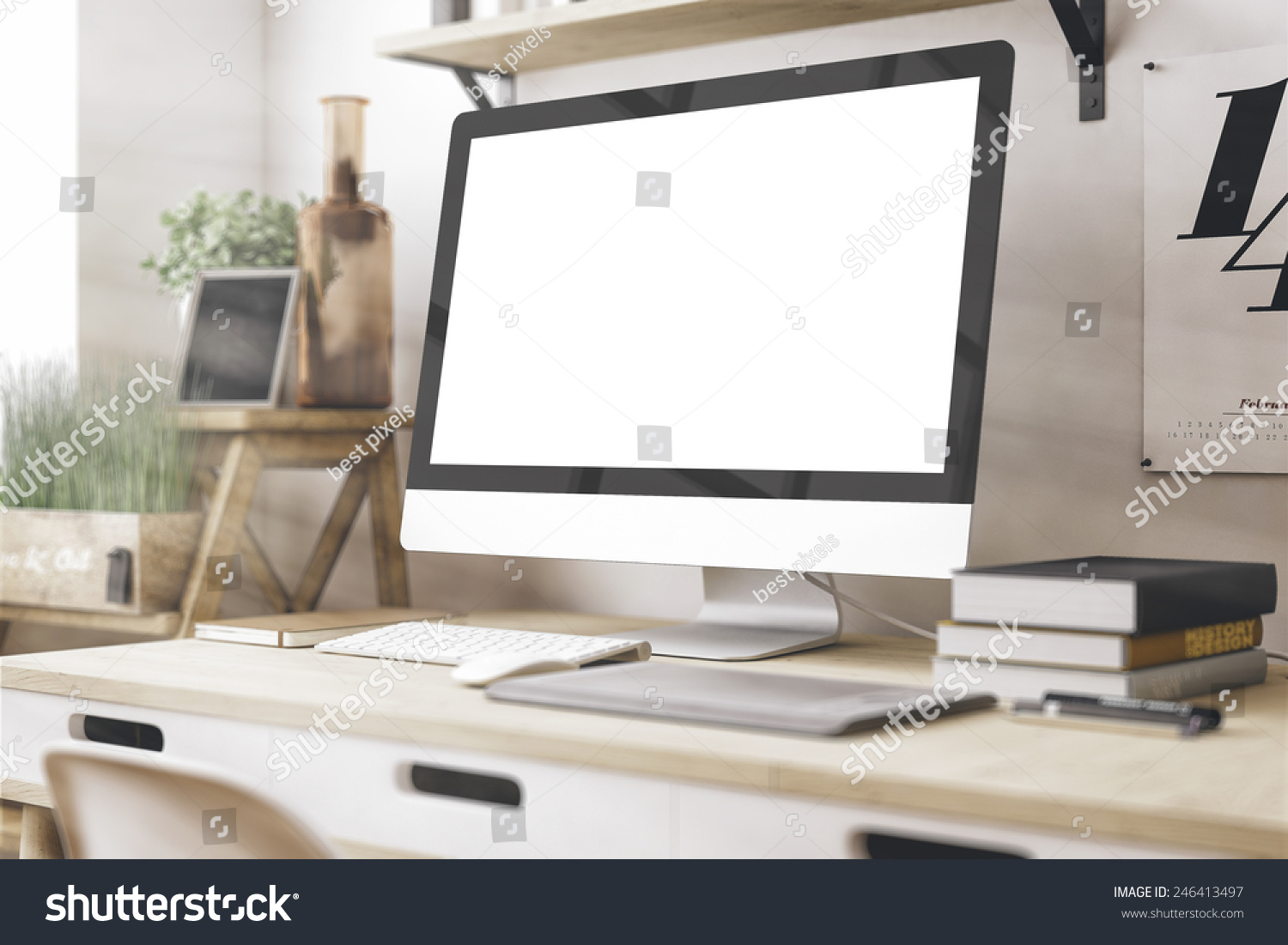 Stylish workspace with computer  on home or studio